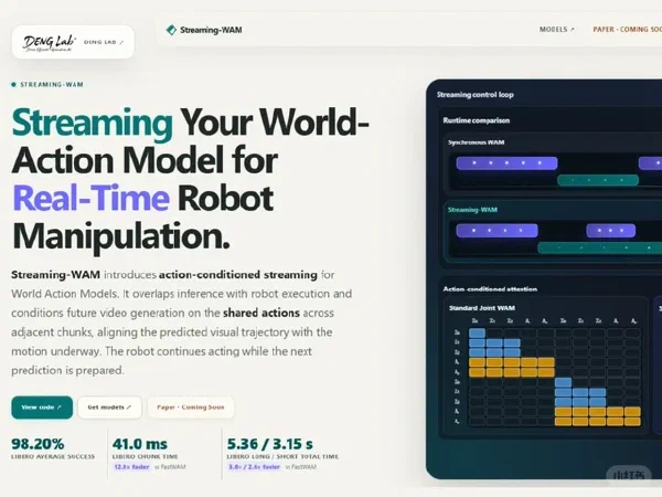 Streaming-WAM video cover: real-time world-action generation for robot manipulation.